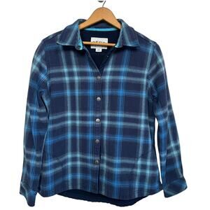 Orvis Men's Blue Plaid Fleece Lined Snap Down Shirt Jacket Size Medium Pockets